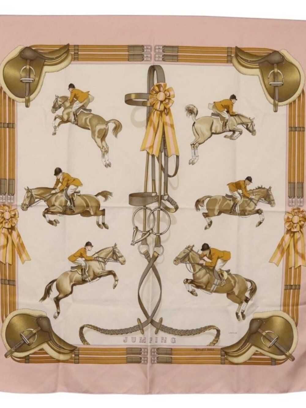 HERMES Carre 90 Scarf ""JUNPING"" Silk Pink Auth hk3781V